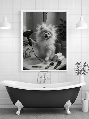 Funny Dog Grooming Wall Art, Pomeranian Blow Drying Hair Print, Cute Bathroom Humor for Pet Lovers, Digital Download