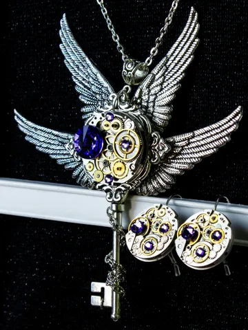 Vintage Steampunk Wing Key Pendant & Earrings Set with Swarovski