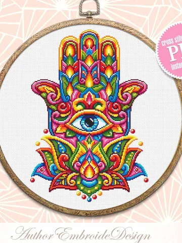 Hamsa hand cross stitch pattern PDF download Lotus flower mandala pattern PDF, Colorful Hand of Fatima cross stitch, Evil eye hamsa #M222 $4.60