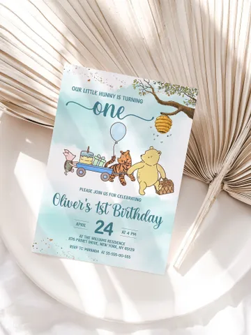 Classic Winnie Pooh Baby Birthday Invitation; Winnie Pooh Baby Birthday ; Greenery Baby Birthday; Honey Bear Birthday; Winnie Pooh wp $12.78