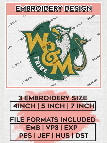 William & Mary Tribe Logo Embroidery Designs, NCAA Logo Machine Embroidery Files, NCAA William & Mary Tribe Logo, NCAA Embroidery Designs, Machine Embroidery Designs, Digital Download $6.99