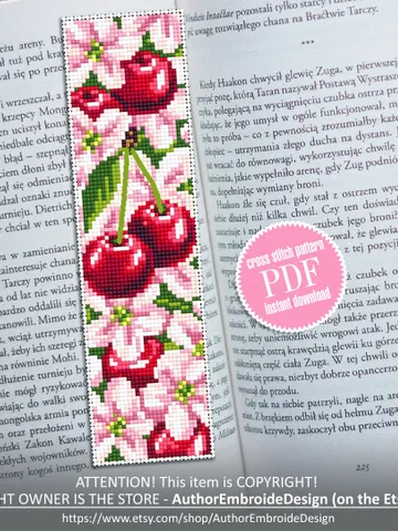 Сherry blossom bookmark cross stitch pattern PDF download Floral bookmark pattern, Cherry berries, Spring embroidery PDF Sakura flower #B145 $4.40