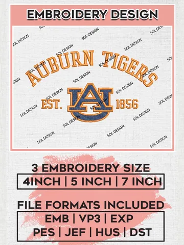 Auburn Tigers Est 1856 Logo Embroidery Designs, NCAA Auburn Tigers Team Embroidery, NCAA Team Logo, 3 sizes, Machine embroidery Files, Digital Download $6.99