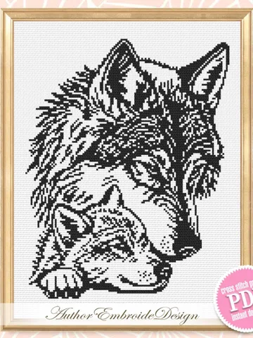 Mom and baby wolf cross stitch pattern PDf download Monochrome wolf silhouette cross stitch chart, Wolf pattern digital PDF, Home decor #K51 $4.50