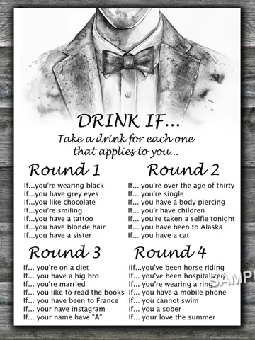 Bow Tie DRINK IF birthday game,Birthday Games for Him, Adult Birthday Games,Printable Birthday Games for Him $1.75
