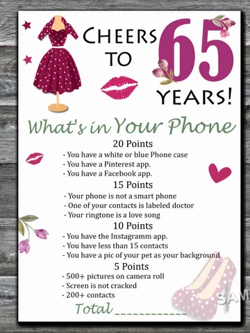 65th Birthday What's in Your Phone Birthday Party Game,Adult Birthday party game-fun games for her-Instant download $1.75