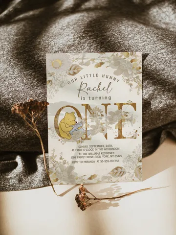 Winnie the Pooh Inspired First Birthday; Classic Winnie Pooh Invitations; Neutral Winnie Pooh Turning One; Winnie Pooh Birthday Party flw12 $12.78
