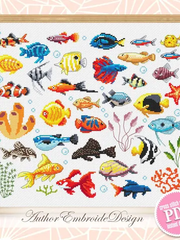 Aquarium fish cross stitch pattern PDF download Fishes sampler cross stitch, Tropical fish pattern digital PDF, Fish needlepoint canvas #K36 $8.60