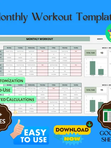 Monthly Workout Template, Editable Google Sheets, Digital Download for Fitness Scheduling & Progress Tracking $8.26