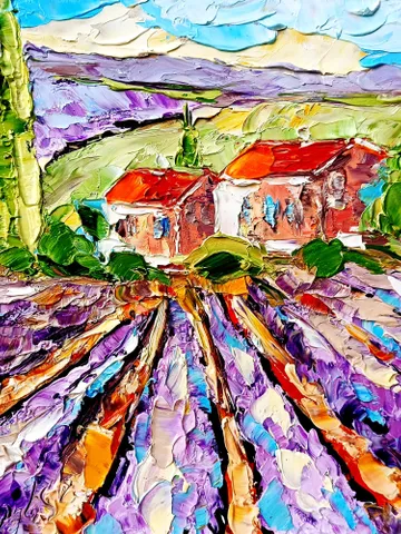 Provence Painting Lavender Fields Impasto Original Art Christmas Gifts Provence Countryside Wall Art Decor 8x8 by ArtProkopaloSv $75.00