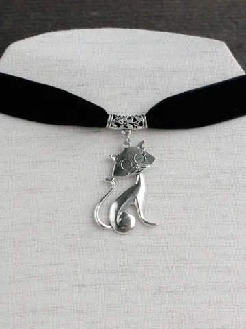 Wide black ribbon necklace with pendant Avant garde black velvet choker necklace for women Cat lady gifts $21.00