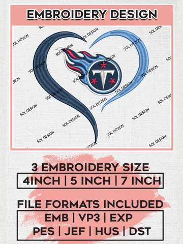 Tennessee Titans Heart Embroidery Designs, NFL Titans, NFL Embroidery Designs, NFL Tennessee Titans Machine Embroidery Design, Digital Download