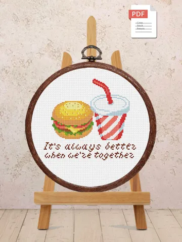 Hamburger and Cola Cross Stitch Pattern, Kitchen Cross Stitch, Embroidery Cola, Hamburger Cross Stitch Pattern, Modern Cross Stitch #kt028 $4.00