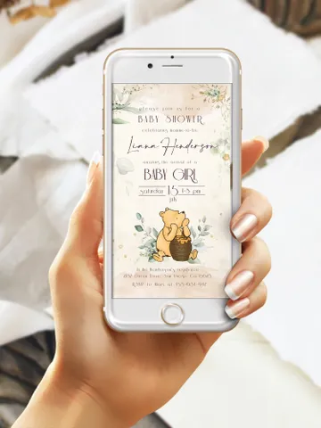 Classic Winnie Pooh Baby Shower Digital Invite; Girl Baby Shower Evite; Gentle Rose Baby Shower Evite; Honey Bear Evite; Winnie Template $11.62