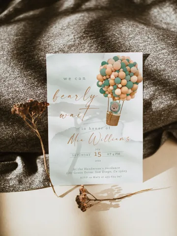 Teddy Bear Hot Air Balloon Baby Shower; We can bearly wait; Editable Teddy Bear Ballons Baby Shower; Neutral Gender Baby Shower Invitation $11.62