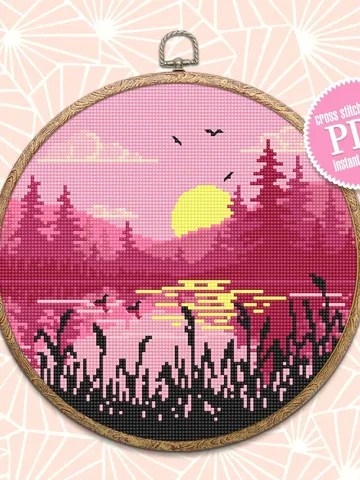 Nature cross stitch pattern download PDF Lake landscape cross stitch Sunset embroidery Forest silhouette xstitch chart DIY Home decor #L15 $4.60