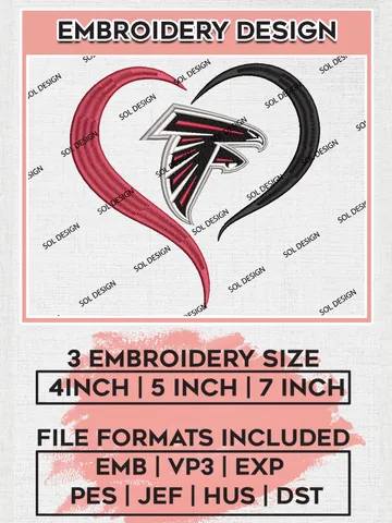 Atlanta Falcons Heart Embroidery Designs, NFL Falcons, NFL Embroidery Designs, NFL TAtlanta Falcons Machine Embroidery Design, Digital Download