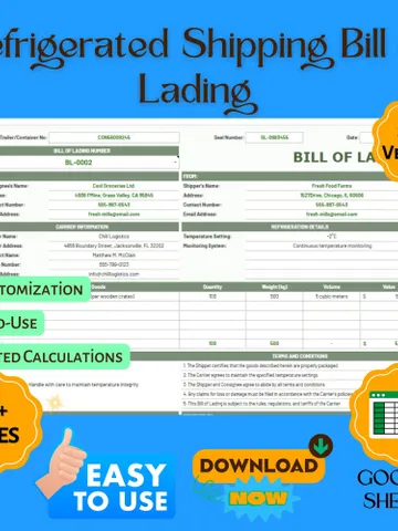 Refrigerated Shipping Bill of Lading Template, Cold Chain BOL Form, Google Sheets Freight Document, Temperature-Controlled Shipment $6.90