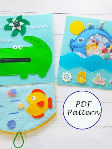 Quiet book Pattern Whale and Crocodile, Felt book pattern pdf, Soft sensory book template, Busy book sewing ideas for kids 2, 3, 4 year old $8.44