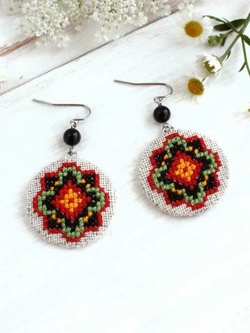 Handmade round colorful cloth earrings for women Long boho dangle linen earrings with black agate Folk Ukrainian jewelry $40.20