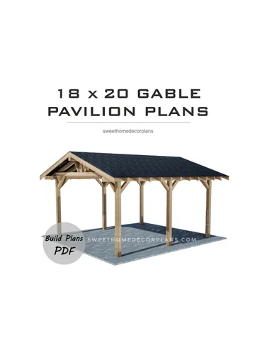 DIY 18 x 20 gable pavilion plans pdf. Detached carport plans. Wooden covered gazebo outdoor plans. Timber frame backyard pavilion plans. $16.90