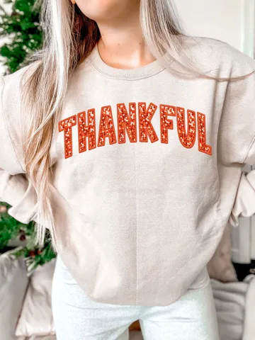 Thankful PNG Thanksgiving Faux Glitter Sequins Embroidery Letters PNG Thanksgiving PNG, Varsity Design, Fall Sublimation, Autumn Png Trendy $4.56