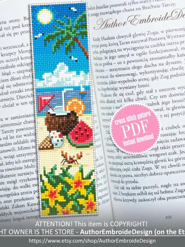 Beach bookmark cross stitch pattern PDF download Tropical drink cross stitch chart, Summer bookmark pattern digital, Beach life Hawaii #B434 $4.40