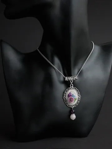 Blush pink and purple lavender rose necklace with rose quartz and amethyst Dainty rococo floral chain pendant Handmade royalcore jewelry