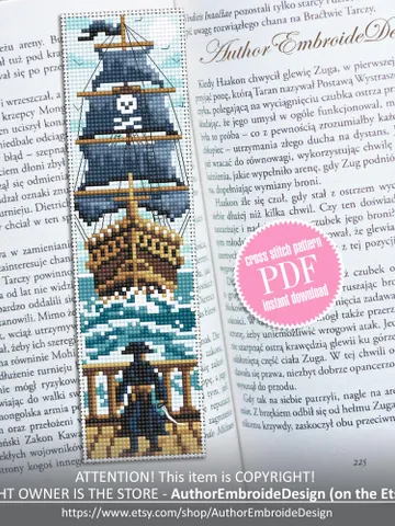 Pirate bookmark cross stitch pattern PDF download Pirate ship cross stitch chart, Needlepoint bookmark pattern digital PDF for boys #B474 $4.40