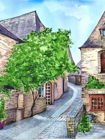 Beynac et Cazenac Village Painting French Village Landscape Artwork Original Watercolor Art 11.81x15.74 in by SoftWaves $170.00