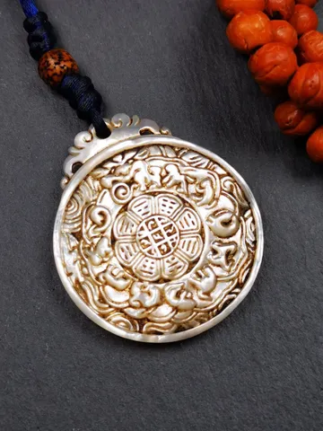 Antique Tibetan Buddhist Calendar Badge,Shell Carved Sipaho - Melong Mirror - Astrology Amulet Pendant - Protection & Feng Shui Decor $199.99