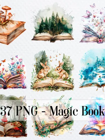 37 Magic Book PNG Bundle, Fantasy Book clipart, Printable Watercolor clipart for sublimation, High Quality PNGs, Paper craft, junk journals $2.64