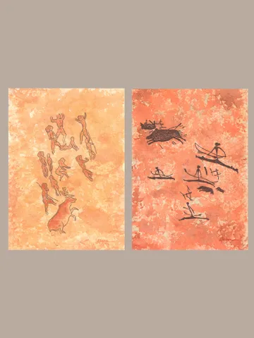 Boar hunting wall art | Original Pastel and Watercolor Artwork Ancient Cave Painting Style 30x40 cm | Hunters Prehistoric art | Handmade Artwork | Archers stylization of rock art | Drawings of a prehistoric man | Modular painting $130.00