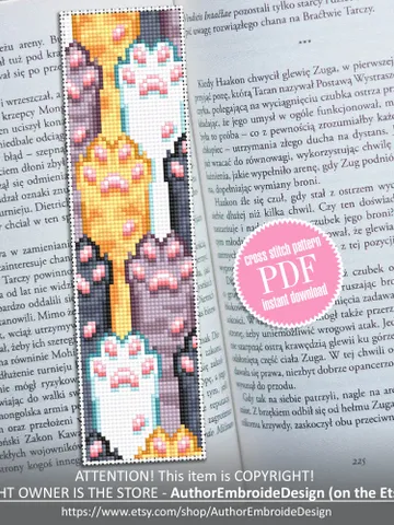Cat bookmark cross stitch pattern PDF download Cat paws cross stitch chart, Modern handmade bookmark digital PDF, Cat lover gift #B200 $4.40