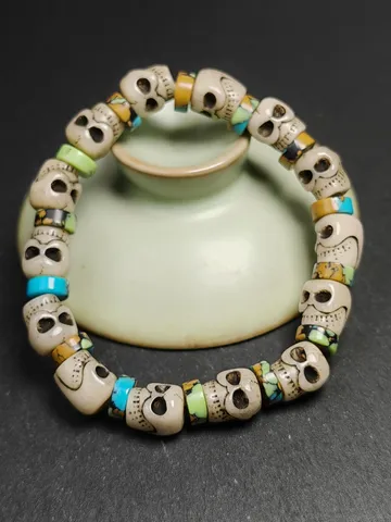 Authentic Tibetan Citipati Skulls Bead Bracelet | Unique Yak bone Carved Wrist Mala with Mixed Turquoise,Gandhanra Tibetan Jewelry $99.99