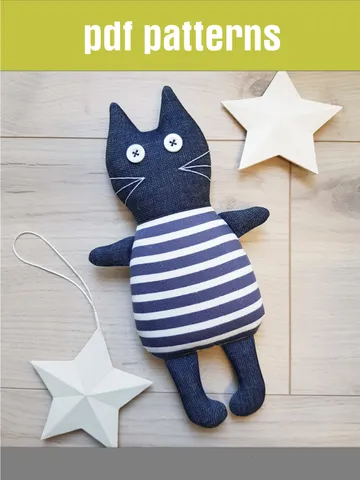Denim Cat sewing pattern PDF, digital tutorial in English, stuffed animal pattern