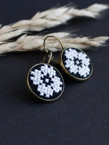 Black white tiny Ukrainian earrings leverback Folk Ukraine jewelry Hand made earrings vyshyvanka