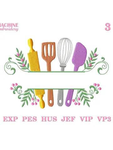 Kitchen utensils split frame machine embroidery design 3 sizes, Baking tools embroidery pattern, Cooking embroidery files, Apron design #R33 $3.45