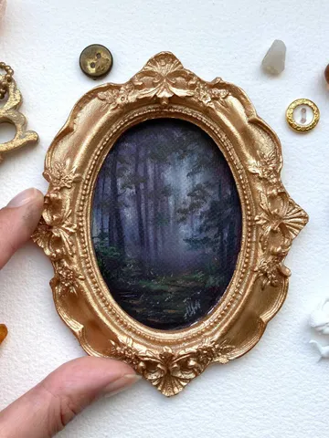 Forest Landscape Oil Painting Original In Vintage Style Frame Small Framed Oval Painting Art