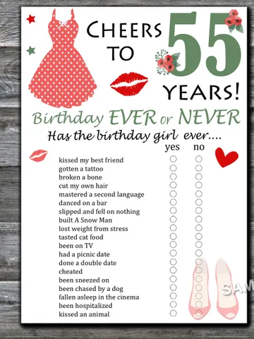 55th Birthday ever or never game,Adult Birthday party game-fun games for her-Instant download