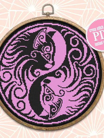 Yin Yang cat cross stitch pattern download PDF Mandala cat embroidery PDF, Yin and yang cross stitch chart, Cat lover gift, Home decor #M105 $4.60