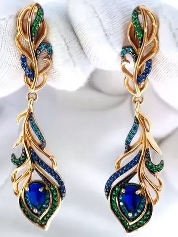 Women's earrings, 925 gold plated silver, Peacock feathers with blue and green cubic zirconia, bird of happiness $129.00
