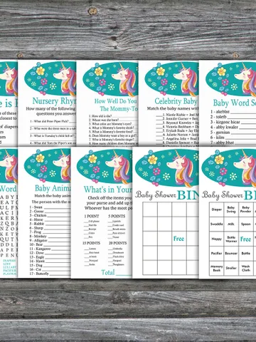 Colorful Unicorn baby shower games bundle,Unicorn Baby Shower games package,Fun Baby Shower Games,9 Printable Games-329 $5.95