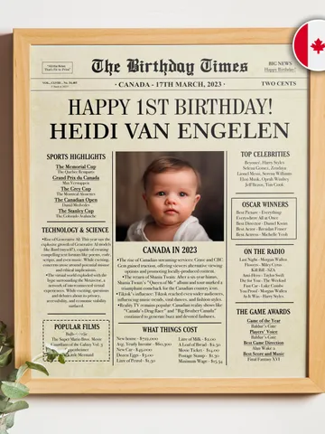 First Birthday Gift, 1st Birthday Newspaper, Baby First Birthday Gift, Back in 2023 Canada birthday poster, one year old girl or boy gift $12.00