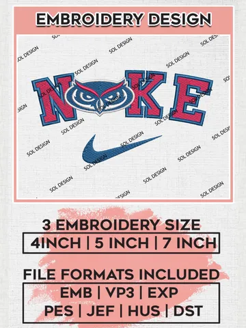 Nike Florida Atlantic Owls Machine Embroidery Design, NCAA Florida Atlantic Owls Embroidery Design files, NCAA Embroidery Designs, NCAA Machine Embroidery Designs, Digital Download $6.99
