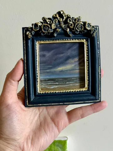 Small Landscape Oil Painting Framed Original Dark Clouds Antique Ocean Art Coastal Antique Frame Tiny Paintings 4 x 4 Art Victorian artwork $88.00