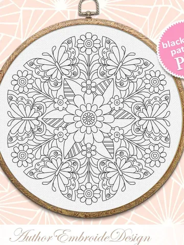 Floral mandala blackwork pattern PDF Blackwork mandala embroidery download PDF, Mandala butterfly Backstitch chart Blackwork embroidery #W19 $4.60