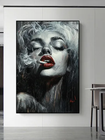 Smoking Woman Painting, Black and White Wall Art, Red Lips Art, Sensual Woman Portrait, Canvas Art, Large Wall Decor, Original Oil Painting $149.19