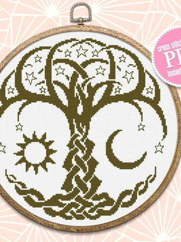 Celtic Tree of life cross stitch pattern PDF Monochrome mandala cross stitch chart, Tree embroidery Instant download PDF, Sun and moon #M189 $4.60