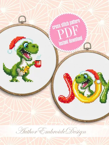 Funny dinosaur christmas cross stitch pattern PDF download, Set of 2 small dinosaur cross stitch chart, Cute dino pattern digital PDF #N115 $5.50